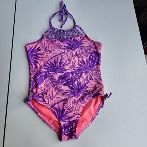 Breaking Waves Big Girls Size 12 Pink Purple One-Piece Tropical Swimsuit